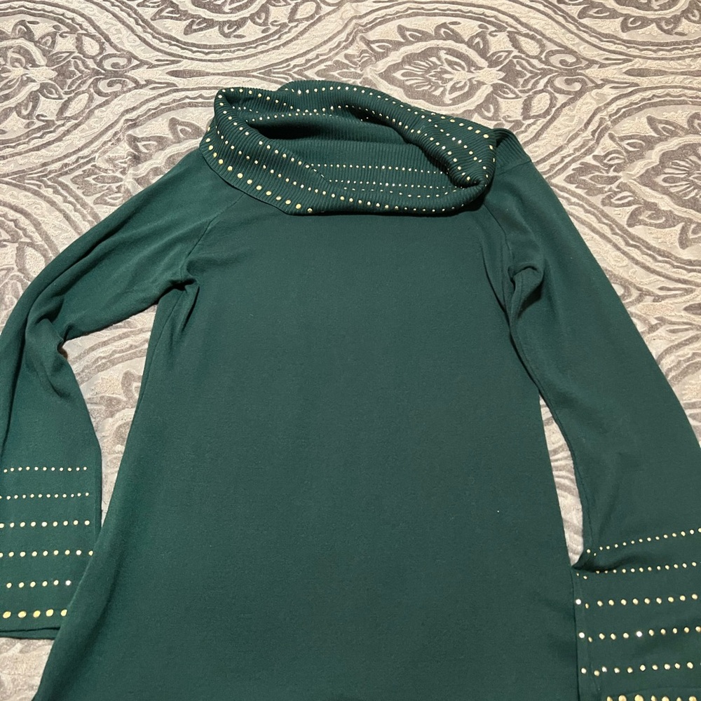 Green and Knit Turtleneck Sweater with Gold Decorative Accents